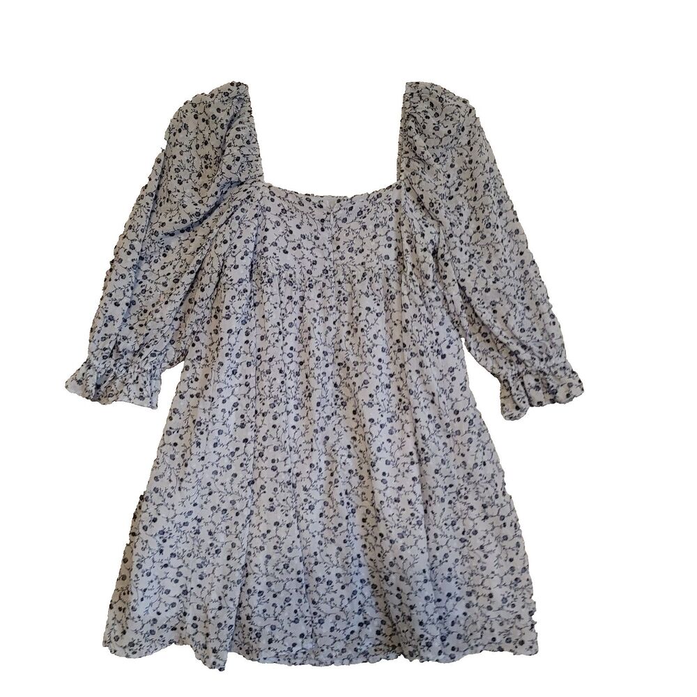 Francescas Miami Mini Dress Small Blue Floral Babydoll Puff Sleeves Milkmaid